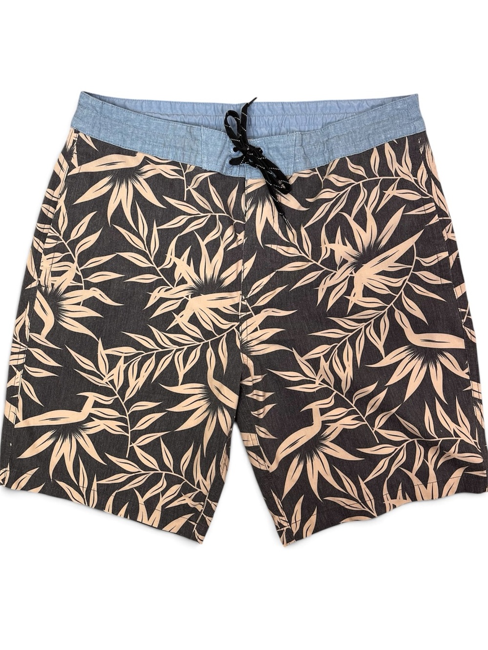 Board Shorts 🩳 Black & Beige Tropical with Light Blue Waistband Men